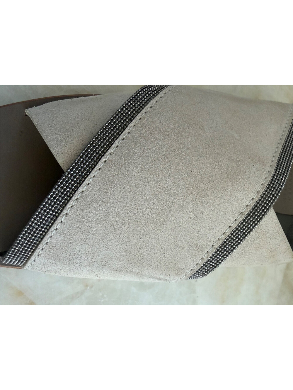 Brunello Cucinelli Suede Monili Beaded Crisscross Slide Sandals Beige Taupe 38.5 - Picture 14 of 14